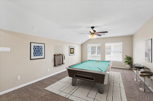 rec room with ceiling fan, lofted ceiling, carpet floors, and billiards