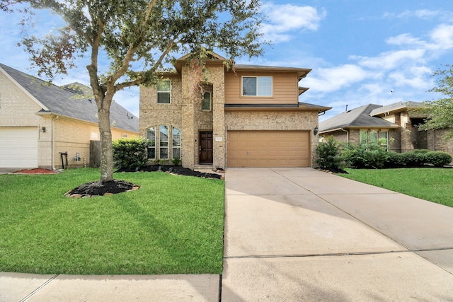 front facade with a front lawn and a garage