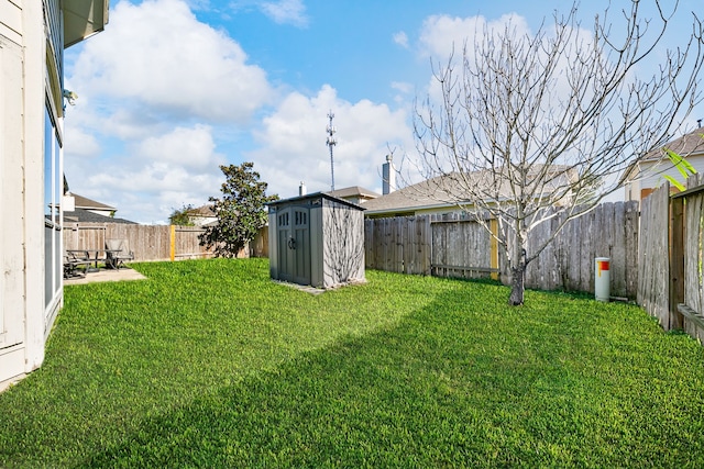 view of yard featuring a storage unit