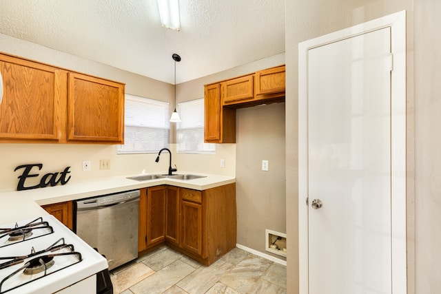 kitchen with dishwasher, sink, pendant lighting, a textured ceiling, and white gas range oven