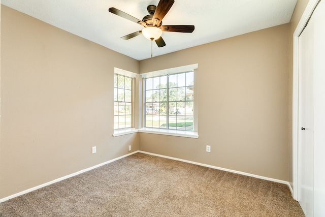 spare room featuring ceiling fan and carpet floors