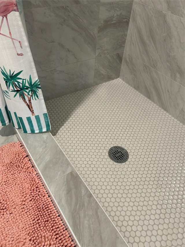 interior details featuring a tile shower