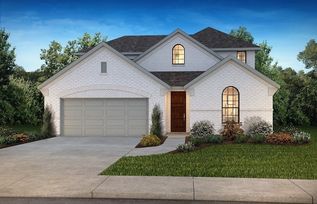 view of front of home featuring a front yard and a garage