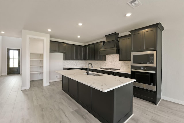 kitchen with light stone counters, a sink, decorative backsplash, stainless steel appliances, and visible vents