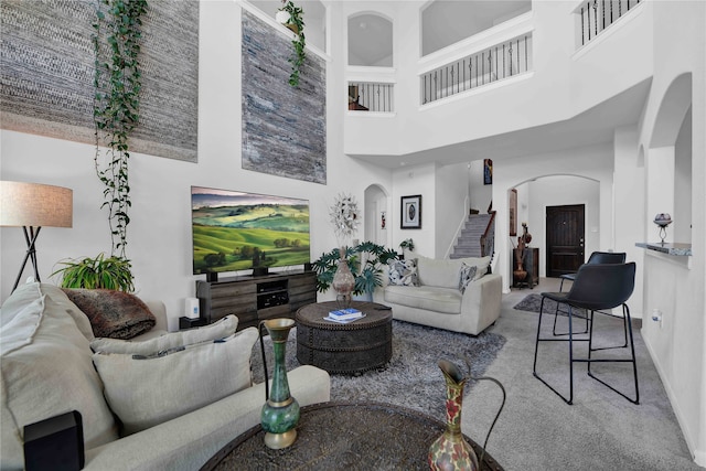 living room featuring carpet and a high ceiling