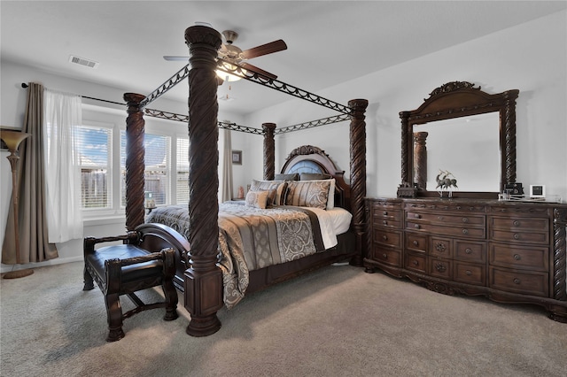 bedroom with ceiling fan and light colored carpet