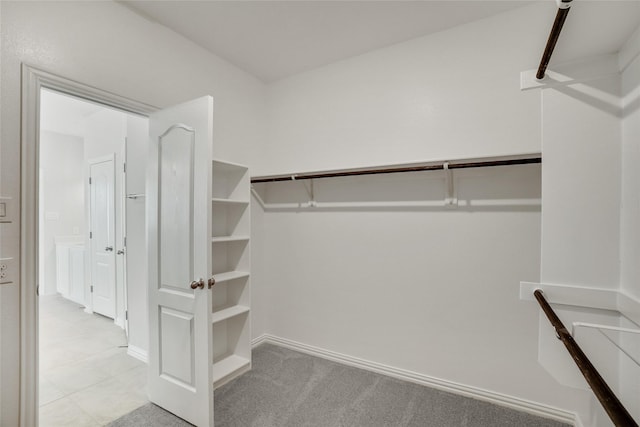 walk in closet featuring light colored carpet