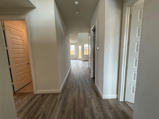 hallway with baseboards and dark wood-style flooring