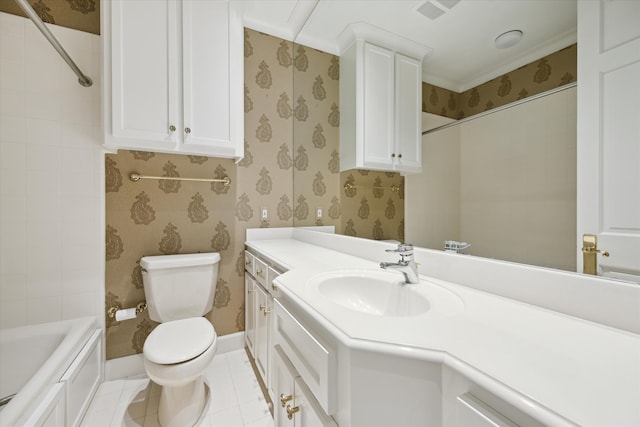 full bathroom featuring tile patterned floors, vanity, toilet, and tiled shower / bath combo