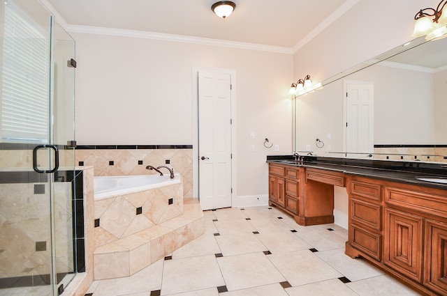 bathroom with plus walk in shower, vanity, tile patterned floors, and ornamental molding