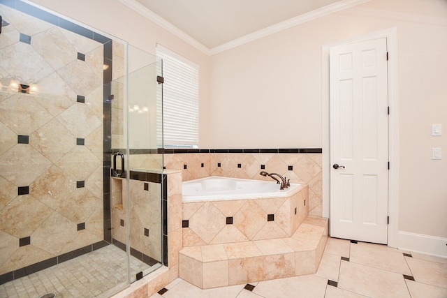 bathroom with tile patterned floors, ornamental molding, and plus walk in shower