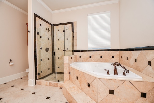 bathroom featuring toilet, crown molding, tile patterned flooring, and shower with separate bathtub