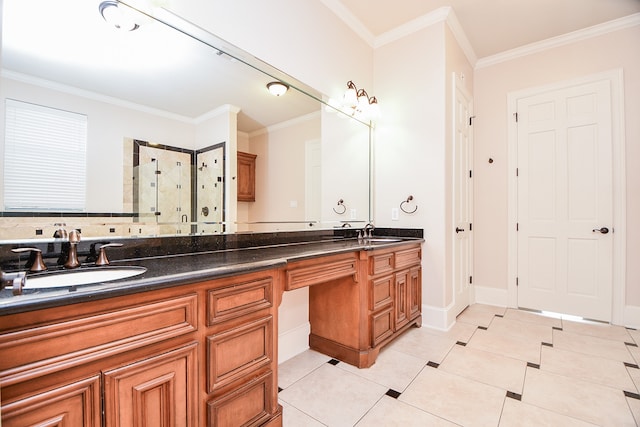 bathroom with backsplash, vanity, a shower with door, crown molding, and tile patterned flooring