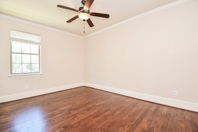 unfurnished room featuring hardwood / wood-style floors, ceiling fan, and crown molding