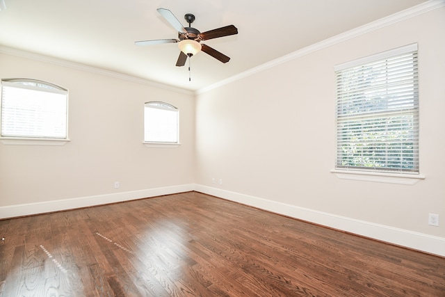 unfurnished room with hardwood / wood-style floors, a wealth of natural light, crown molding, and ceiling fan