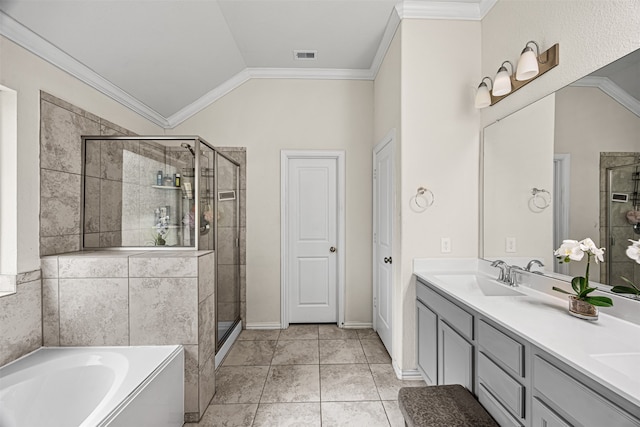 bathroom with shower with separate bathtub, vaulted ceiling, and ornamental molding