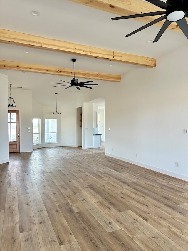 unfurnished living room with lofted ceiling with beams, ceiling fan, and light hardwood / wood-style flooring