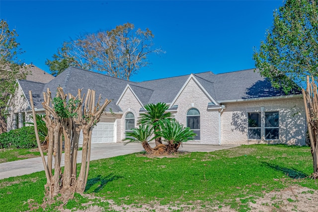 view of front of home with a front yard and a garage