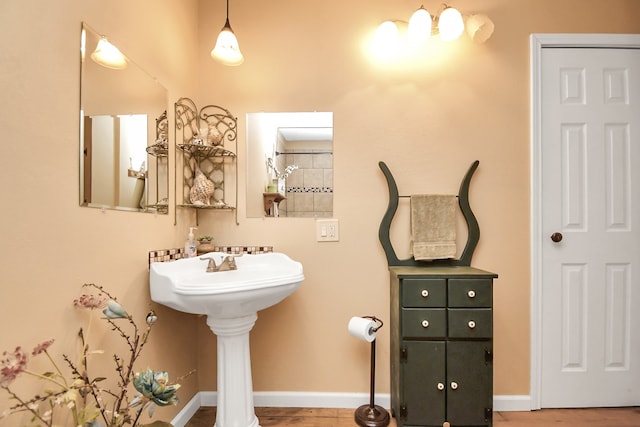 bathroom with wood-type flooring