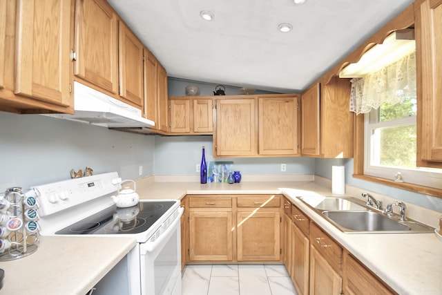 kitchen featuring sink, vaulted ceiling, and white electric range