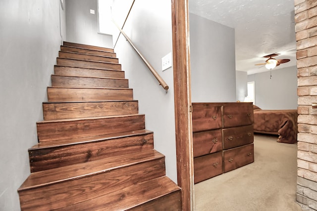 staircase with ceiling fan, carpet floors, and a textured ceiling