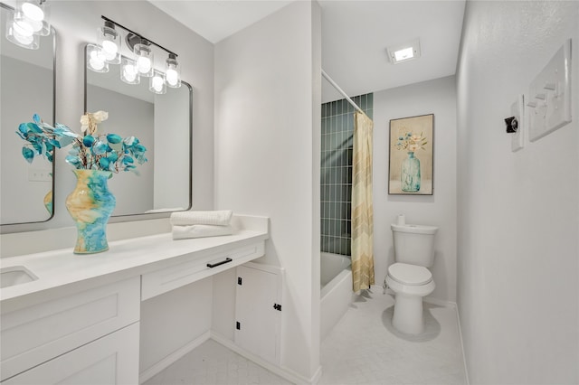 full bathroom with shower / bathtub combination with curtain, tile patterned flooring, vanity, and toilet