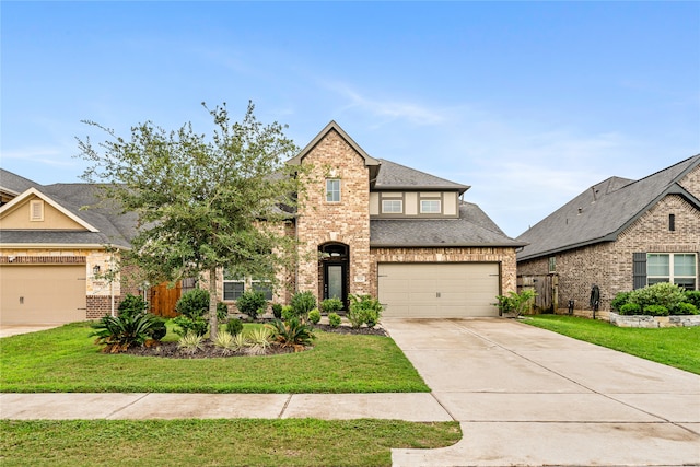 view of front of home with a front yard and a garage