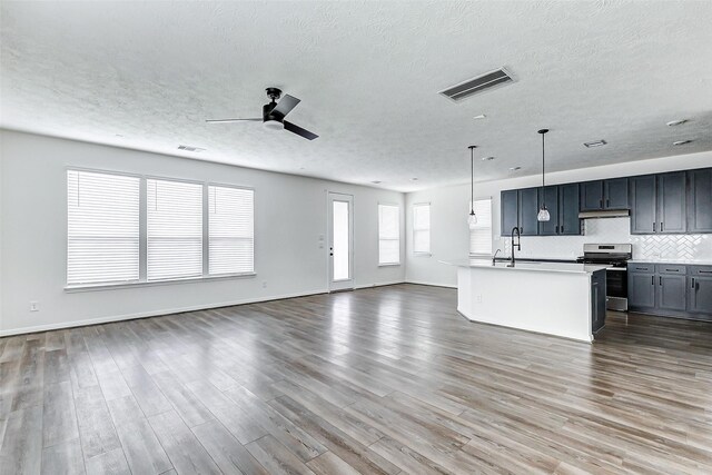 25342 Trinity Oakley Ct, Katy, TX 77493 - unfurnished living room with a textured ceiling, wood finished floors, a sink, ceiling fan, and baseboards