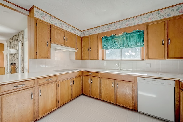 kitchen with electric stovetop, backsplash, dishwasher, and sink