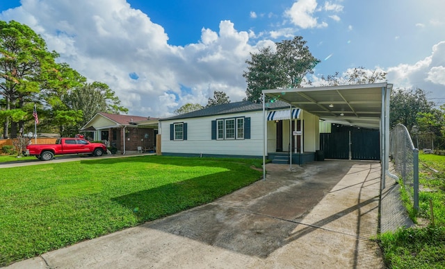 view of front of home with a front yard and a carport