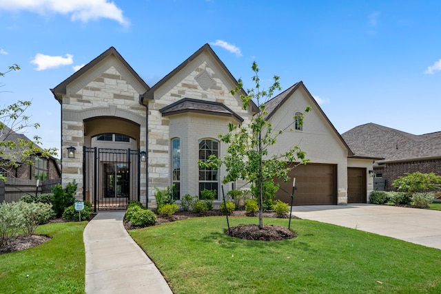 view of front of property featuring a front yard and a garage