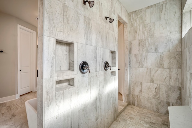 bathroom featuring tile walls and shower with separate bathtub