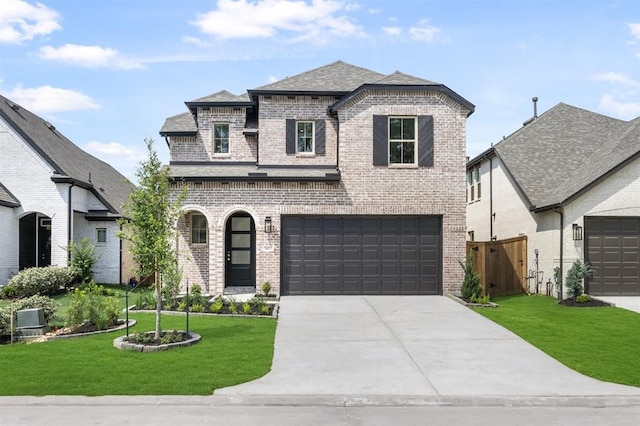 7427 Cattail Falls Ln, Porter, TX 77365 - french country home featuring brick siding, concrete driveway, and a garage