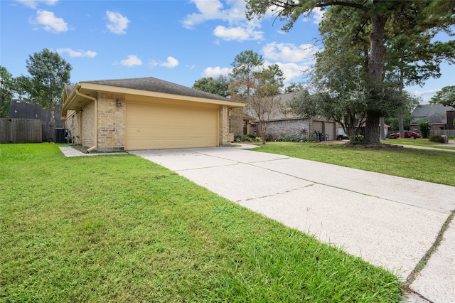 ranch-style home with cooling unit and a front lawn