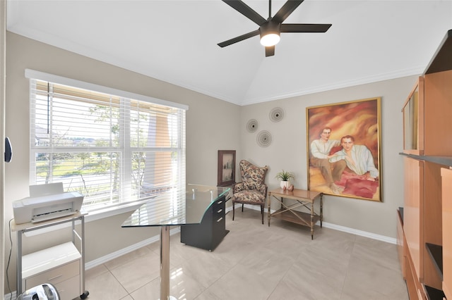 tiled office featuring ceiling fan, lofted ceiling, and ornamental molding