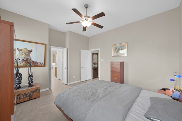 bedroom featuring light tile patterned floors and ceiling fan