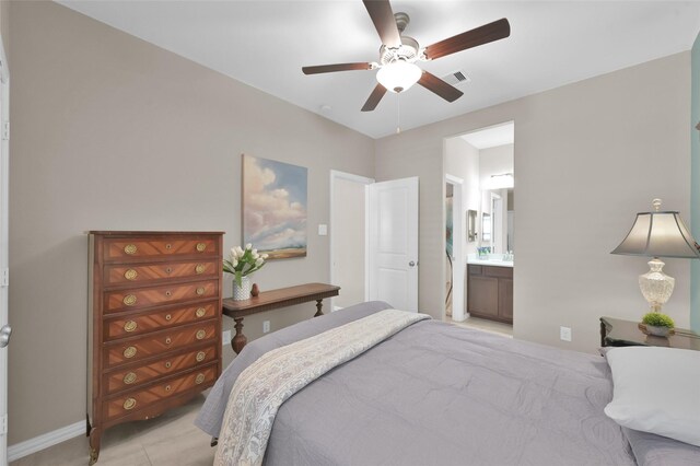 bedroom featuring connected bathroom and ceiling fan