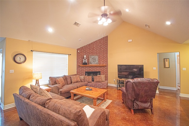 living room featuring ceiling fan, a fireplace, and high vaulted ceiling