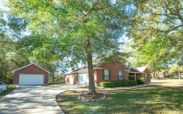 ranch-style house featuring a front lawn and a garage