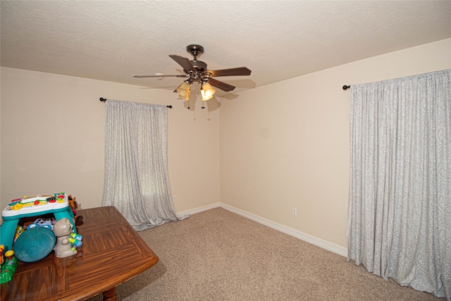 interior space featuring carpet flooring, ceiling fan, and a textured ceiling