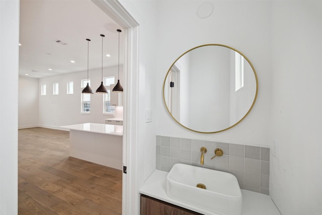 bathroom with wood-type flooring and vanity