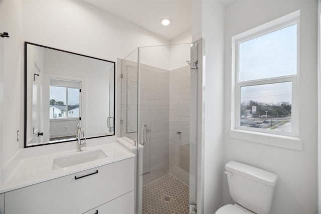 bathroom featuring toilet, a shower with door, and vanity