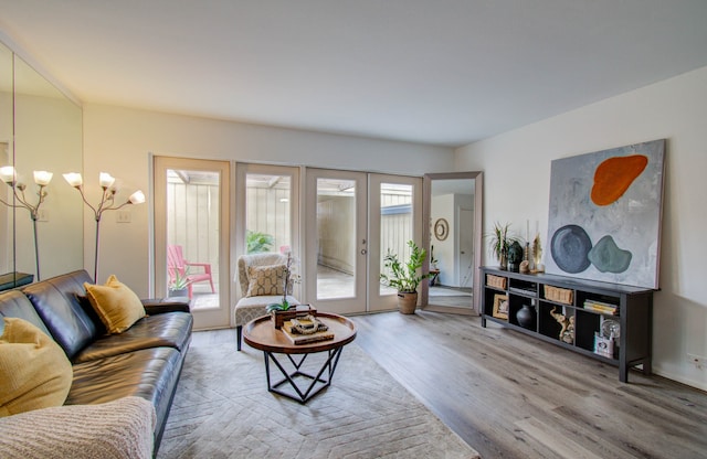 living room with hardwood / wood-style floors and french doors