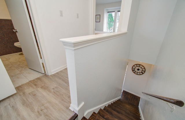 stairs with hardwood / wood-style flooring