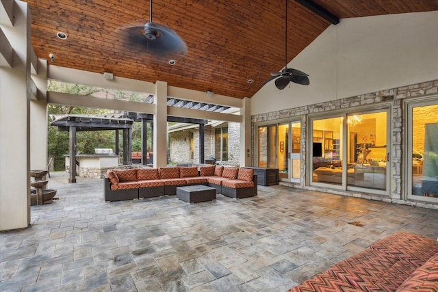 view of patio featuring area for grilling, outdoor lounge area, and a ceiling fan