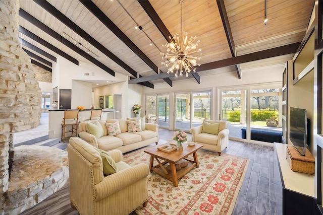 living area with a chandelier, dark wood-style floors, wood ceiling, beamed ceiling, and high vaulted ceiling