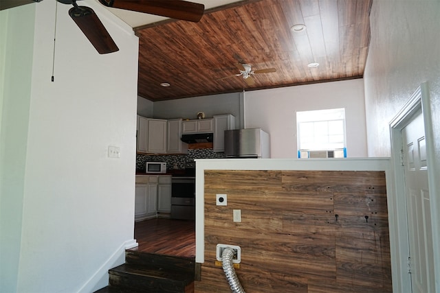 kitchen featuring wood ceiling, decorative backsplash, dark hardwood / wood-style flooring, and stainless steel appliances