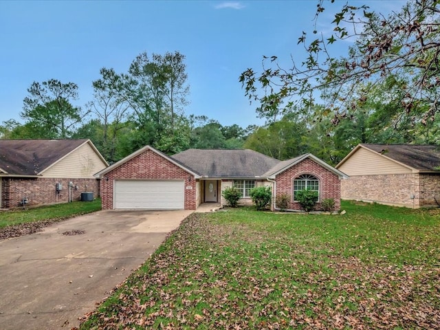 ranch-style house featuring a garage, concrete driveway, cooling unit, a front lawn, and brick siding