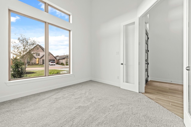 unfurnished room with french doors, light colored carpet, and a healthy amount of sunlight