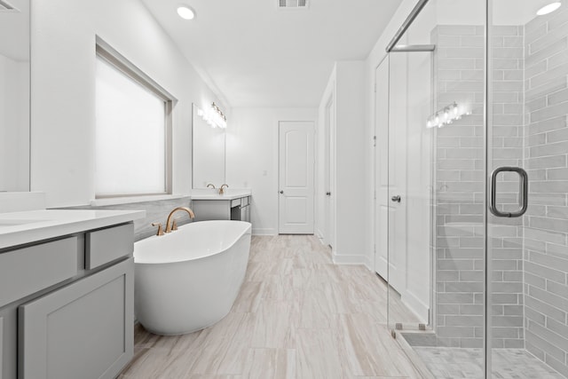 bathroom featuring vanity and plus walk in shower